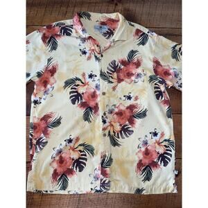 Mens Island Shores Yellow‎ 100% Silk Tropical Floral Print Hawaiian Shirt XL